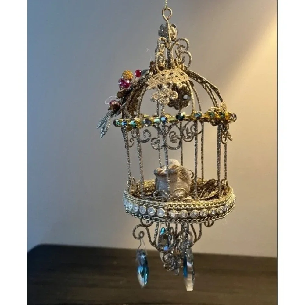 Jeweled Birdcage Christmas Ornament White Bird Rhinestone Prisms 7